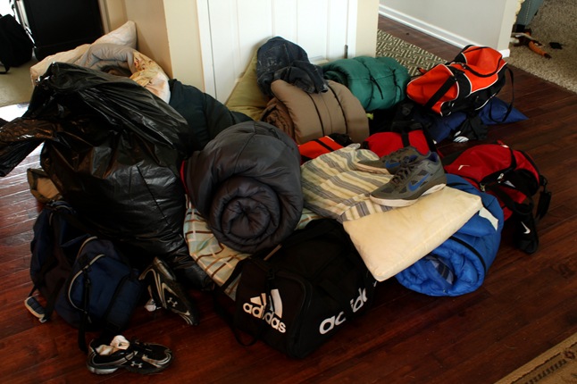 sleeping bag pile