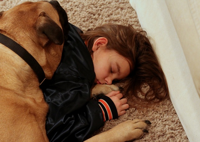 dog and girl sleeping